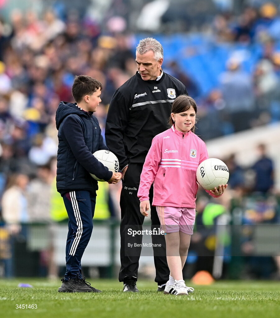 10 May 2026; Galway manager Padraic Joyce with his children Jodie and Charlie before the Connacht GAA Football Senior Championship final match between Roscommon and Galway at King & Moffatt Dr Hyde Park in Roscommon. Photo by Ben McShane/Sportsfile