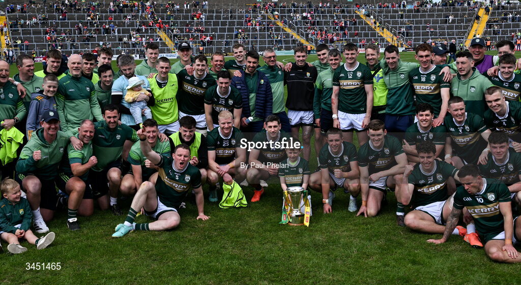 10 May 2026; The Kerry squad celebrate with the Corn Pháidí Uí Shé after winning the Munster GAA Football Senior Championship final match between Kerry and Cork at Fitzgerald Stadium in Killarney, Kerry. Photo by Paul Phelan/Sportsfile