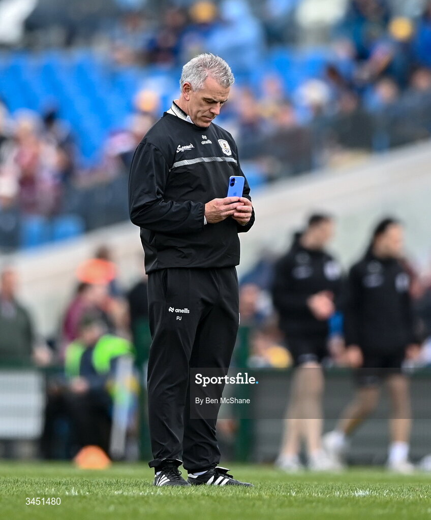 10 May 2026; Galway manager Padraic Joyce takes a photo on his phone before the Connacht GAA Football Senior Championship final match between Roscommon and Galway at King & Moffatt Dr Hyde Park in Roscommon. Photo by Ben McShane/Sportsfile