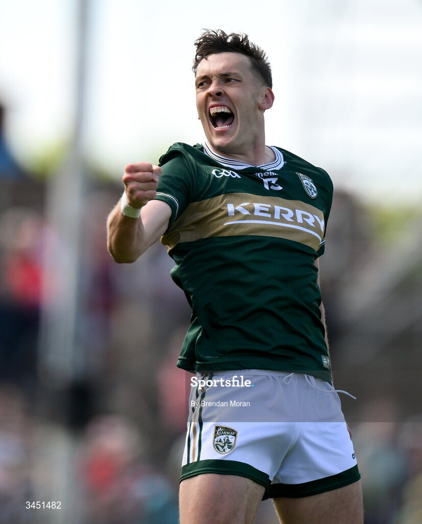10 May 2026; David Clifford of Kerry celebrates in the final seconds of the Munster GAA Football Senior Championship final match between Kerry and Cork at Fitzgerald Stadium in Killarney, Kerry. Photo by Brendan Moran/Sportsfile