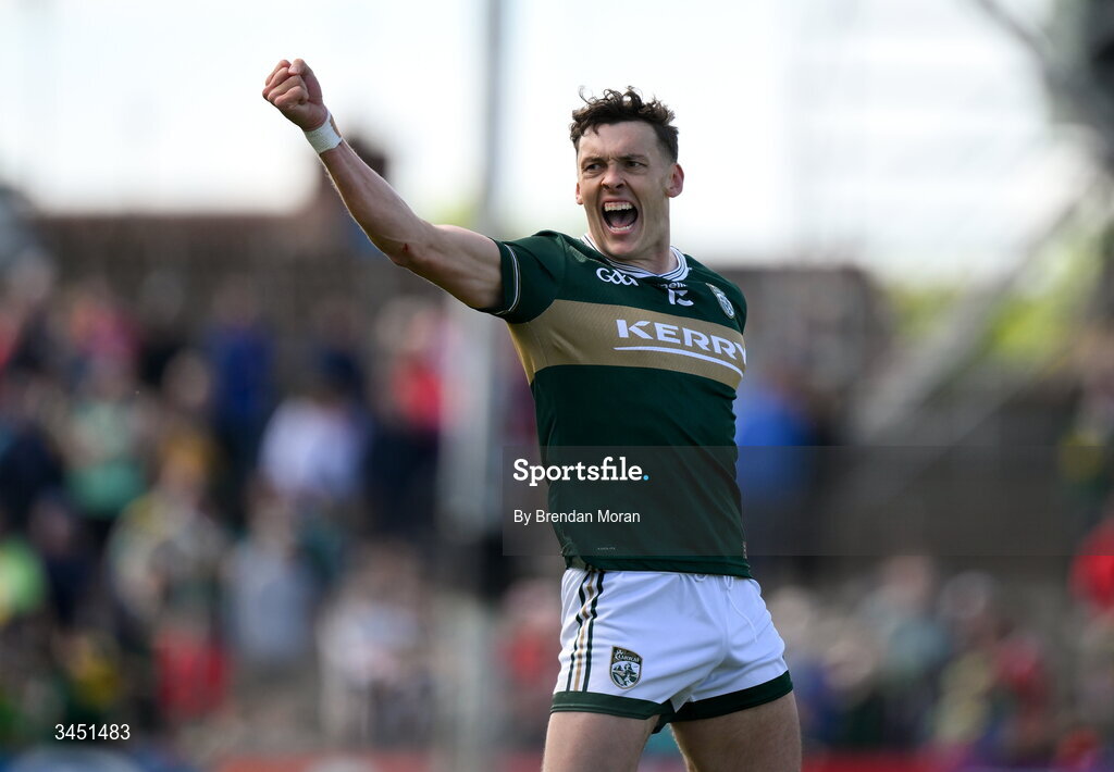 10 May 2026; David Clifford of Kerry celebrates in the final seconds of the Munster GAA Football Senior Championship final match between Kerry and Cork at Fitzgerald Stadium in Killarney, Kerry. Photo by Brendan Moran/Sportsfile