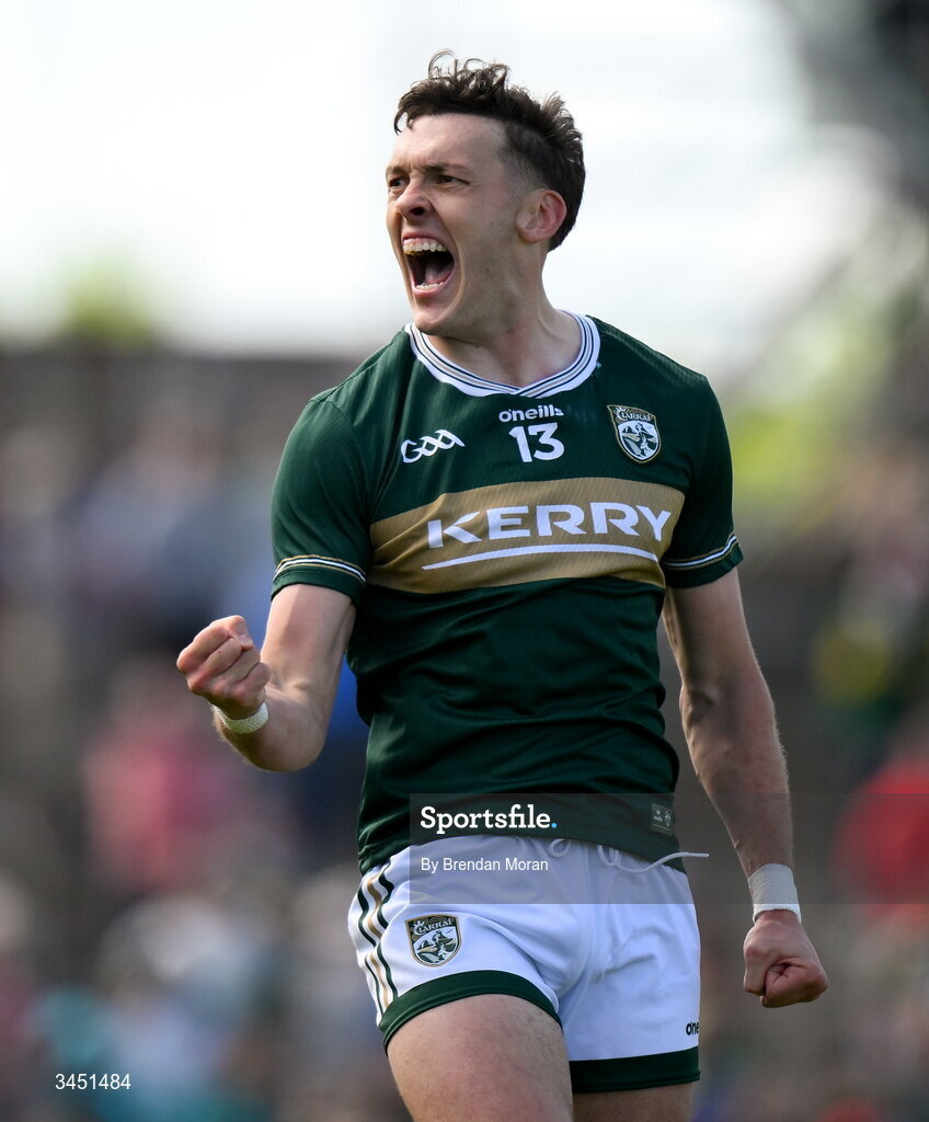 10 May 2026; David Clifford of Kerry celebrates in the final seconds of the Munster GAA Football Senior Championship final match between Kerry and Cork at Fitzgerald Stadium in Killarney, Kerry. Photo by Brendan Moran/Sportsfile