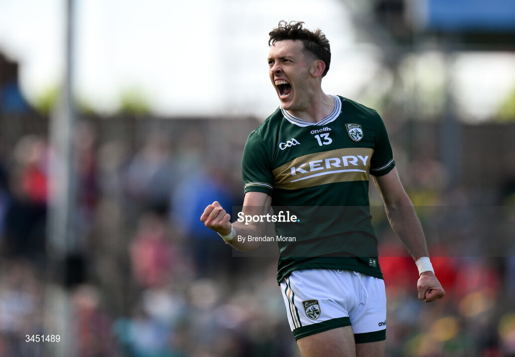 10 May 2026; David Clifford of Kerry celebrates in the final seconds of the Munster GAA Football Senior Championship final match between Kerry and Cork at Fitzgerald Stadium in Killarney, Kerry. Photo by Brendan Moran/Sportsfile