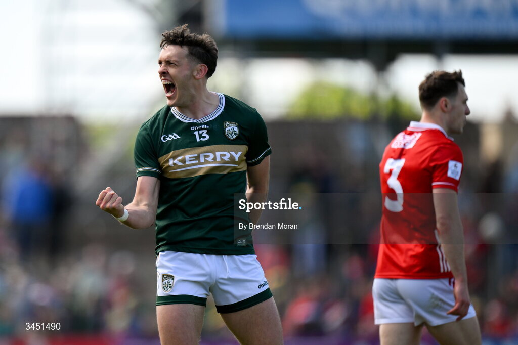 10 May 2026; David Clifford of Kerry celebrates in the final seconds of the Munster GAA Football Senior Championship final match between Kerry and Cork at Fitzgerald Stadium in Killarney, Kerry. Photo by Brendan Moran/Sportsfile
