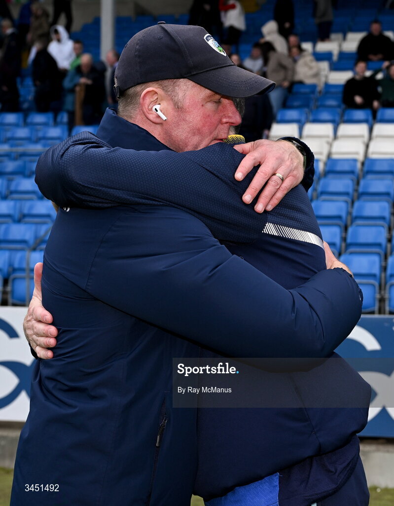 10 May 2026; The Laois manager Justin McNulty and Wicklow manager Oisín McConville, right, after the Táilteann Cup round 1 match between Laois and Wicklow at Laois Hire O'Moore Park in Portlaoise, Laois. Photo by Ray McManus/Sportsfile