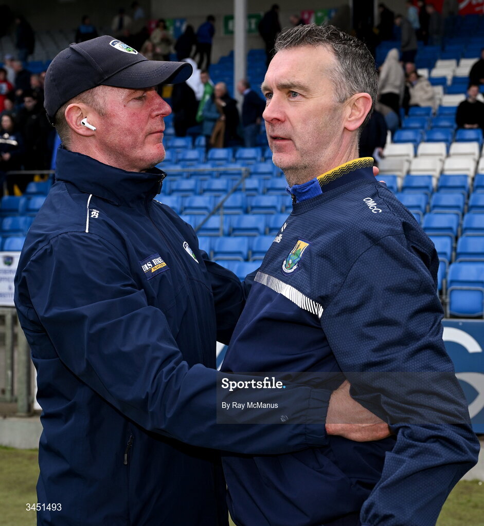 10 May 2026; The Laois manager Justin McNulty and Wicklow manager Oisín McConville, right, after the Táilteann Cup round 1 match between Laois and Wicklow at Laois Hire O'Moore Park in Portlaoise, Laois. Photo by Ray McManus/Sportsfile