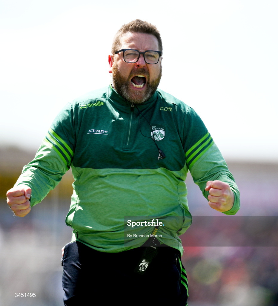 10 May 2026; Kerry head coach Cian O'Neill celebrates in the final seconds of the Munster GAA Football Senior Championship final match between Kerry and Cork at Fitzgerald Stadium in Killarney, Kerry. Photo by Brendan Moran/Sportsfile