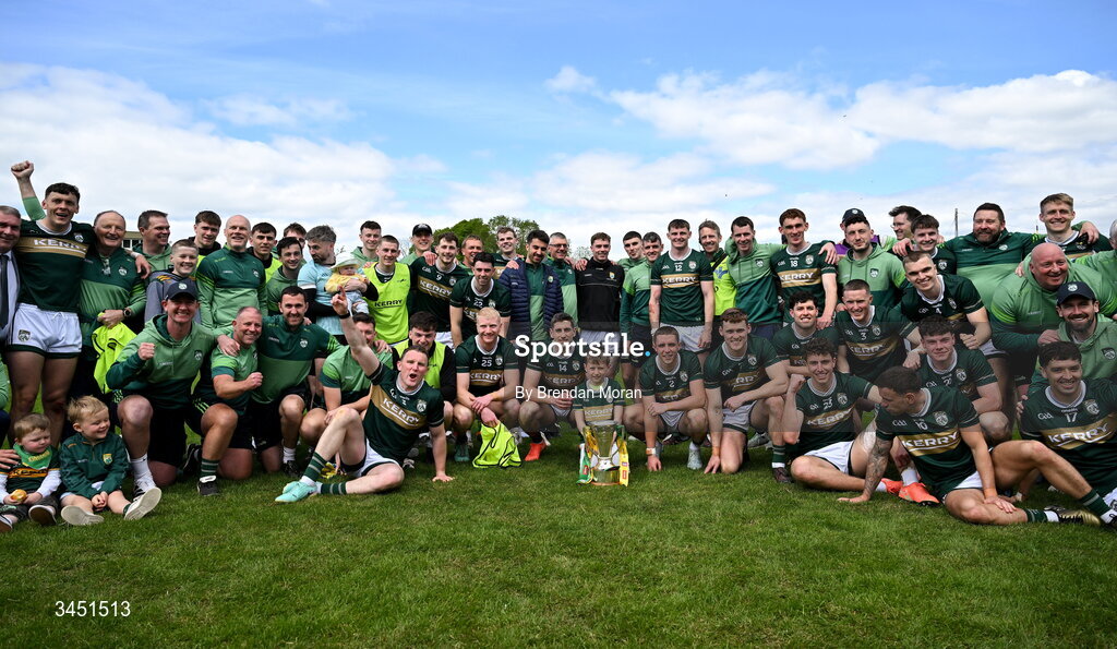 10 May 2026; The Kerry team celebrate with the Corn Pháidí Uí Shé, named in honour of legendary Kerry footballer Páidí Ó Sé, after the Munster GAA Football Senior Championship final match between Kerry and Cork at Fitzgerald Stadium in Killarney, Kerry. Photo by Brendan Moran/Sportsfile