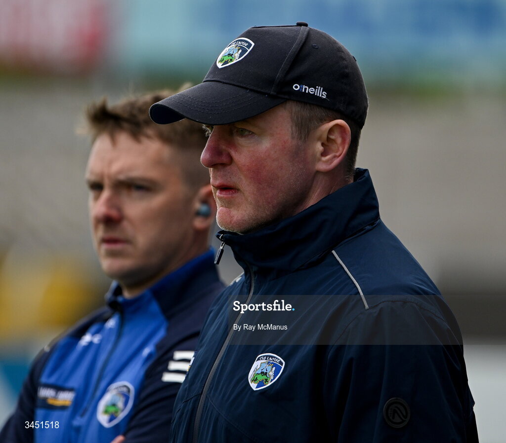 10 May 2026; Laois manager Justin McNulty and Laois selector Ross Munnelly, left, during the Táilteann Cup round 1 match between Laois and Wicklow at Laois Hire O'Moore Park in Portlaoise, Laois. Photo by Ray McManus/Sportsfile
