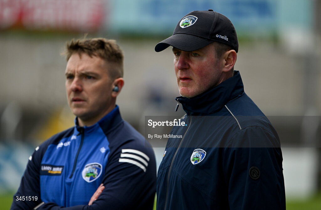 10 May 2026; Laois manager Justin McNulty and Laois selector Ross Munnelly, left, during the Táilteann Cup round 1 match between Laois and Wicklow at Laois Hire O'Moore Park in Portlaoise, Laois. Photo by Ray McManus/Sportsfile