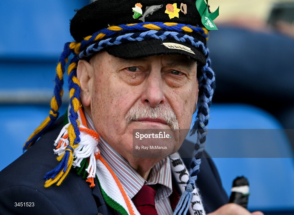 10 May 2026; A Wicklow supporter during the Táilteann Cup round 1 match between Laois and Wicklow at Laois Hire O'Moore Park in Portlaoise, Laois. Photo by Ray McManus/Sportsfile
