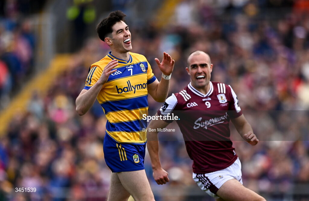 10 May 2026; Senan Lambe of Roscommon and John Maher of Galway react after a missed Roscommon opportunity on goal during the Connacht GAA Football Senior Championship final match between Roscommon and Galway at King & Moffatt Dr Hyde Park in Roscommon. Photo by Ben McShane/Sportsfile