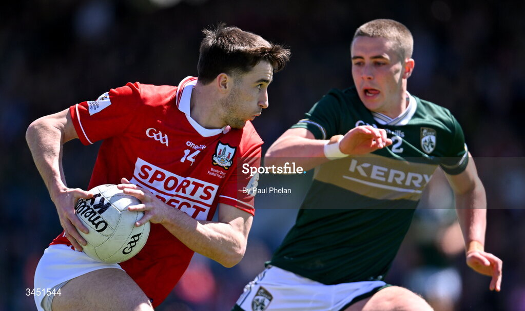 10 May 2026; Chris Óg Jones of Cork in action against Evan Looney of Kerry during the Munster GAA Football Senior Championship final match between Kerry and Cork at Fitzgerald Stadium in Killarney, Kerry. Photo by Paul Phelan/Sportsfile