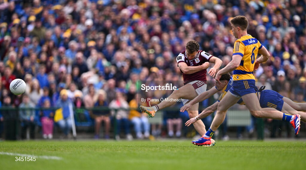 10 May 2026; Robert Finnerty of Galway scores his side's first goal, under pressure from Roscommon players Ronan Daly, 6, and Patrick Gavin during the Connacht GAA Football Senior Championship final match between Roscommon and Galway at King & Moffatt Dr Hyde Park in Roscommon. Photo by Piaras Ó Mídheach/Sportsfile