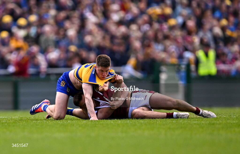 10 May 2026; Cillian McDaid of Galway and Ronan Daly of Roscommon tussle off the ball during the Connacht GAA Football Senior Championship final match between Roscommon and Galway at King & Moffatt Dr Hyde Park in Roscommon. Photo by Piaras Ó Mídheach/Sportsfile