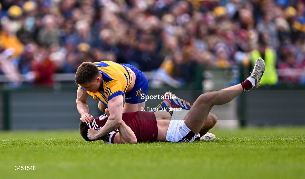 10 May 2026; Cillian McDaid of Galway and Ronan Daly of Roscommon tussle off the ball during the Connacht GAA Football Senior Championship final match between Roscommon and Galway at King & Moffatt Dr Hyde Park in Roscommon. Photo by Piaras Ó Mídheach/Sportsfile