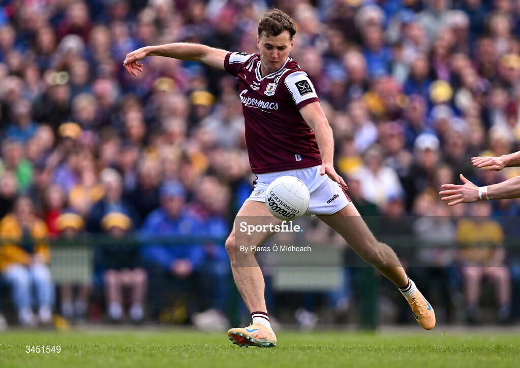 10 May 2026; Robert Finnerty of Galway scores his side's first goal during the Connacht GAA Football Senior Championship final match between Roscommon and Galway at King & Moffatt Dr Hyde Park in Roscommon. Photo by Piaras Ó Mídheach/Sportsfile