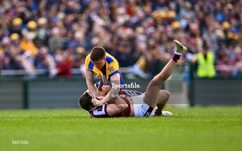 10 May 2026; Cillian McDaid of Galway and Ronan Daly of Roscommon tussle off the ball during the Connacht GAA Football Senior Championship final match between Roscommon and Galway at King & Moffatt Dr Hyde Park in Roscommon. Photo by Piaras Ó Mídheach/Sportsfile