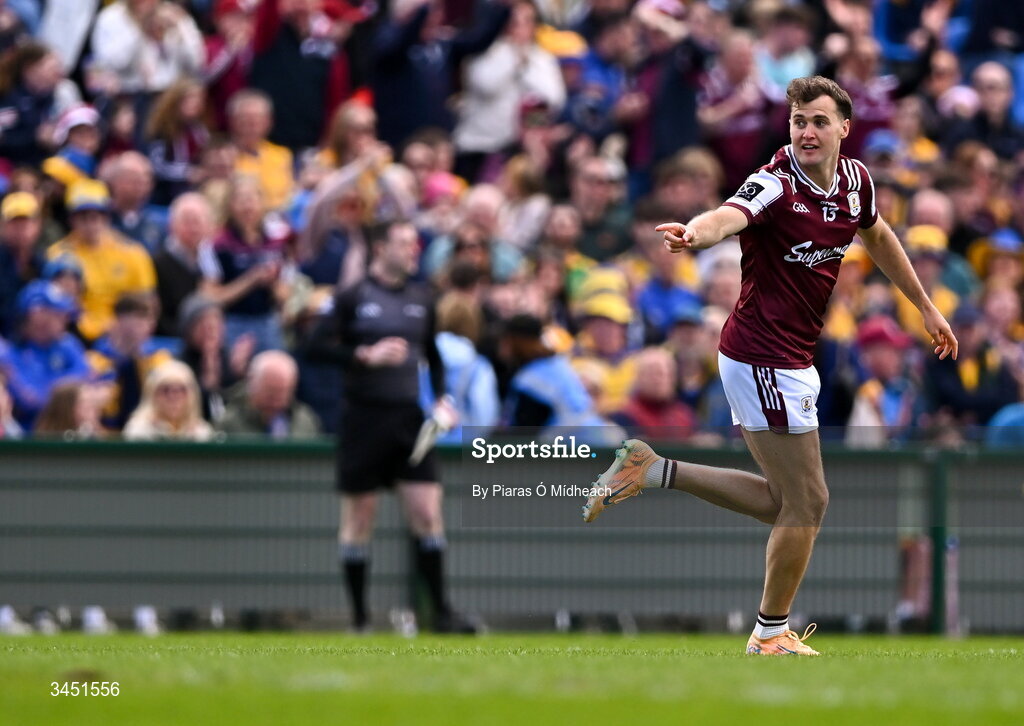 10 May 2026; Robert Finnerty of Galway celebrates scoring his side's first goal during the Connacht GAA Football Senior Championship final match between Roscommon and Galway at King & Moffatt Dr Hyde Park in Roscommon. Photo by Piaras Ó Mídheach/Sportsfile