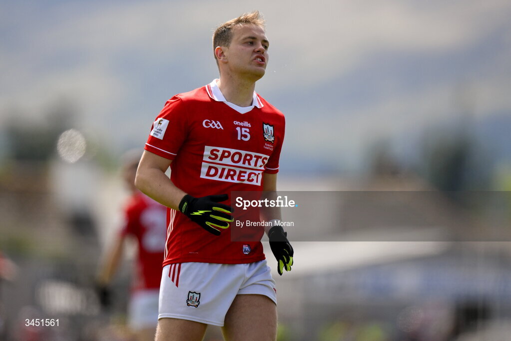 10 May 2026; Steven Sherlock of Cork reacts to a missed chance during the Munster GAA Football Senior Championship final match between Kerry and Cork at Fitzgerald Stadium in Killarney, Kerry. Photo by Brendan Moran/Sportsfile
