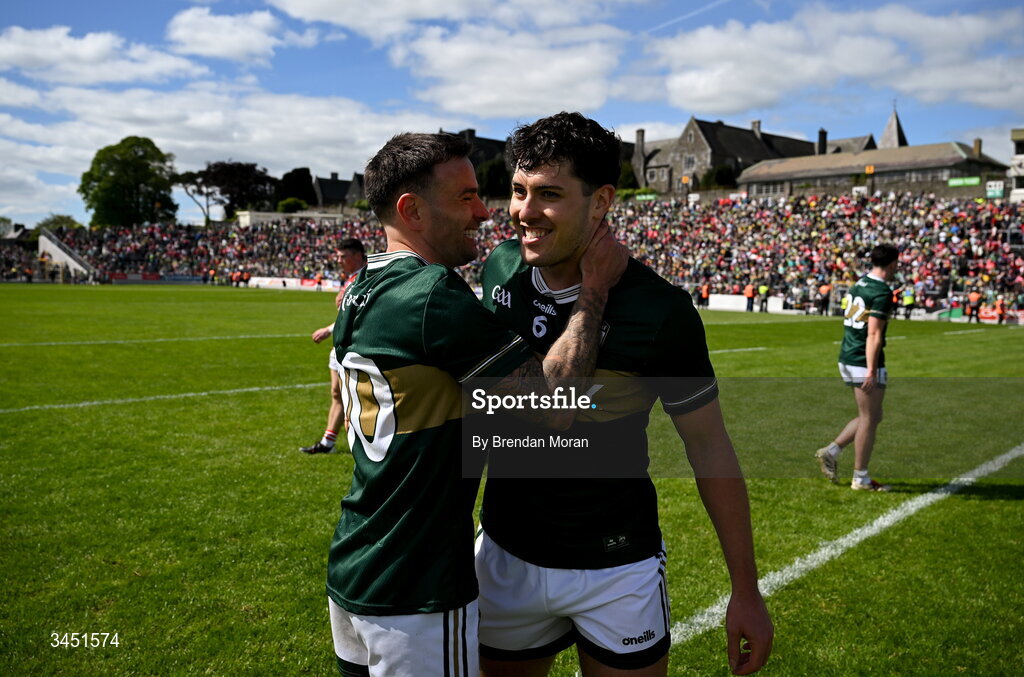 10 May 2026; Micheál Burns, left, and Mike Breen of Kerry celebrate after the Munster GAA Football Senior Championship final match between Kerry and Cork at Fitzgerald Stadium in Killarney, Kerry. Photo by Brendan Moran/Sportsfile