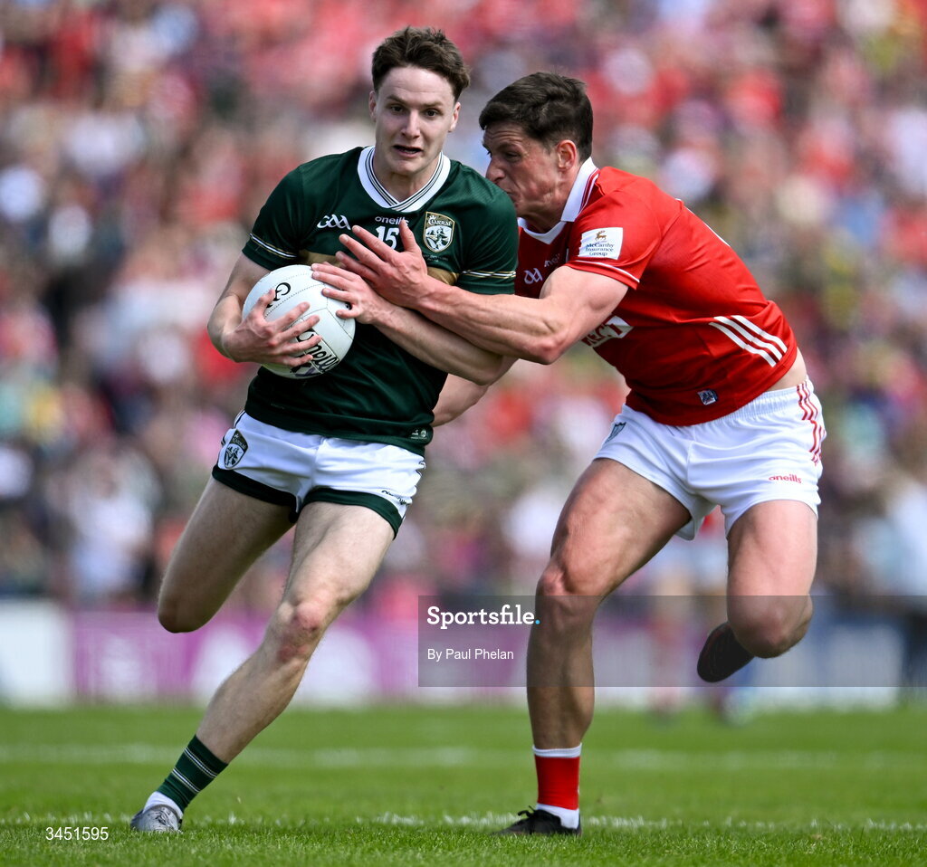 10 May 2026; Keith Evans of Kerry in action against Colm O’Callaghan of Cork during the Munster GAA Football Senior Championship final match between Kerry and Cork at Fitzgerald Stadium in Killarney, Kerry. Photo by Paul Phelan/Sportsfile