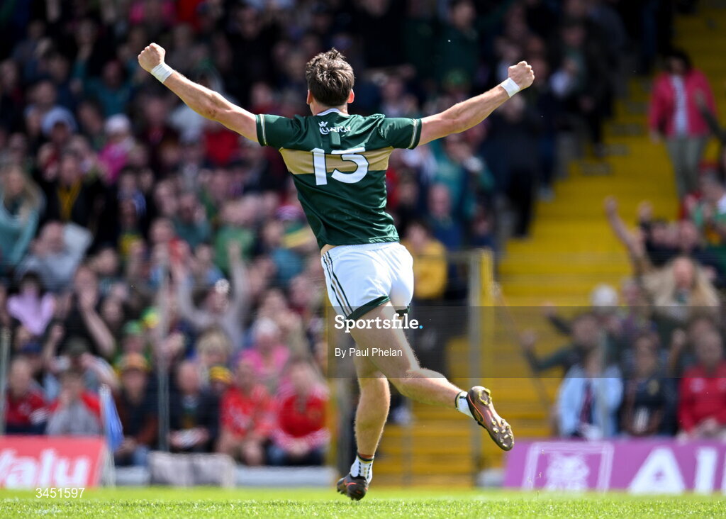 10 May 2026; David Clifford of Kerry celebrates after scoring his side's first goal during the Munster GAA Football Senior Championship final match between Kerry and Cork at Fitzgerald Stadium in Killarney, Kerry. Photo by Paul Phelan/Sportsfile