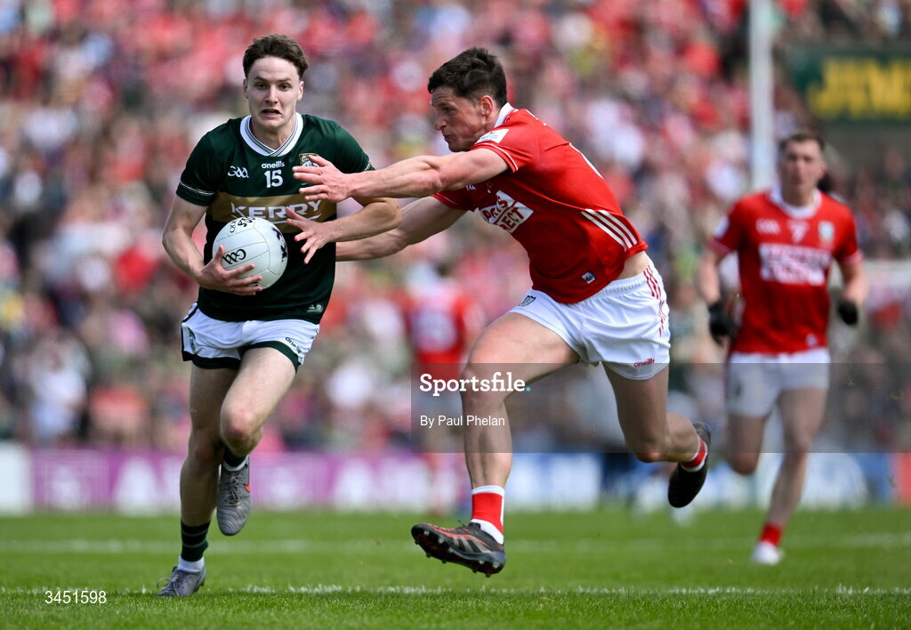10 May 2026; Keith Evans of Kerry in action against Colm O’Callaghan of Cork during the Munster GAA Football Senior Championship final match between Kerry and Cork at Fitzgerald Stadium in Killarney, Kerry. Photo by Paul Phelan/Sportsfile