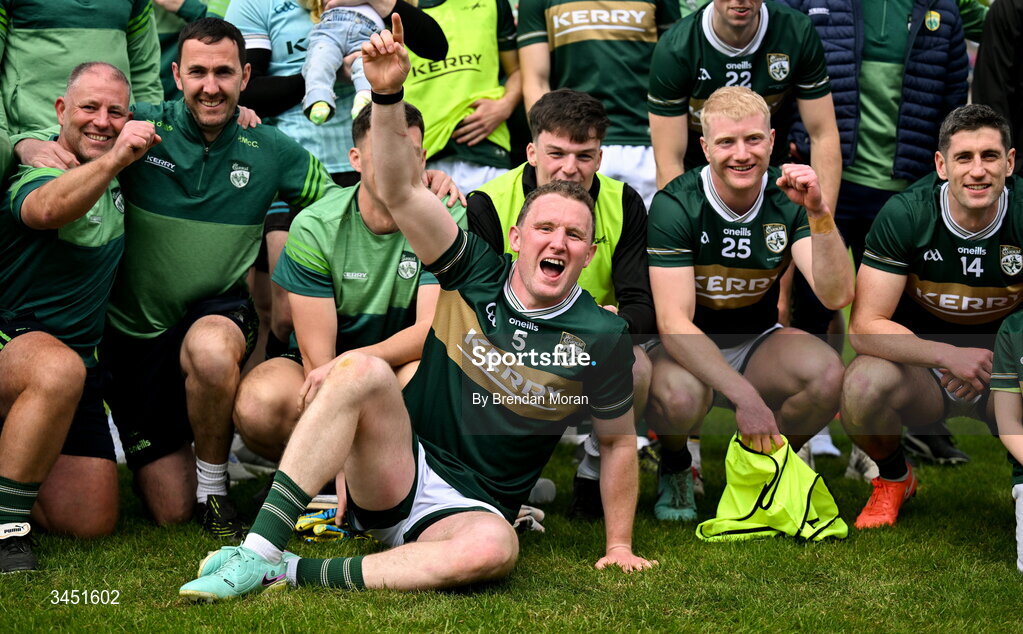 10 May 2026; Tadhg Morley of Kerry and teammates celebrate after the Munster GAA Football Senior Championship final match between Kerry and Cork at Fitzgerald Stadium in Killarney, Kerry. Photo by Brendan Moran/Sportsfile