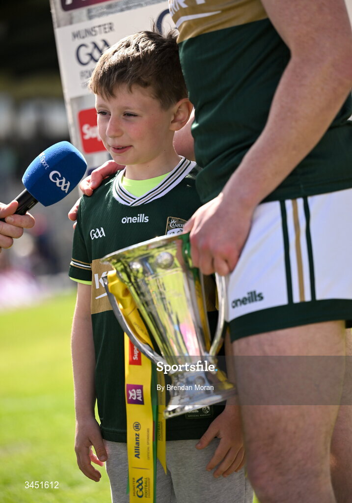 10 May 2026; Páidí Geaney, is interviewed alongside his father, Kerry captain Paul Geaney, after the Munster GAA Football Senior Championship final match between Kerry and Cork at Fitzgerald Stadium in Killarney, Kerry. Photo by Brendan Moran/Sportsfile
