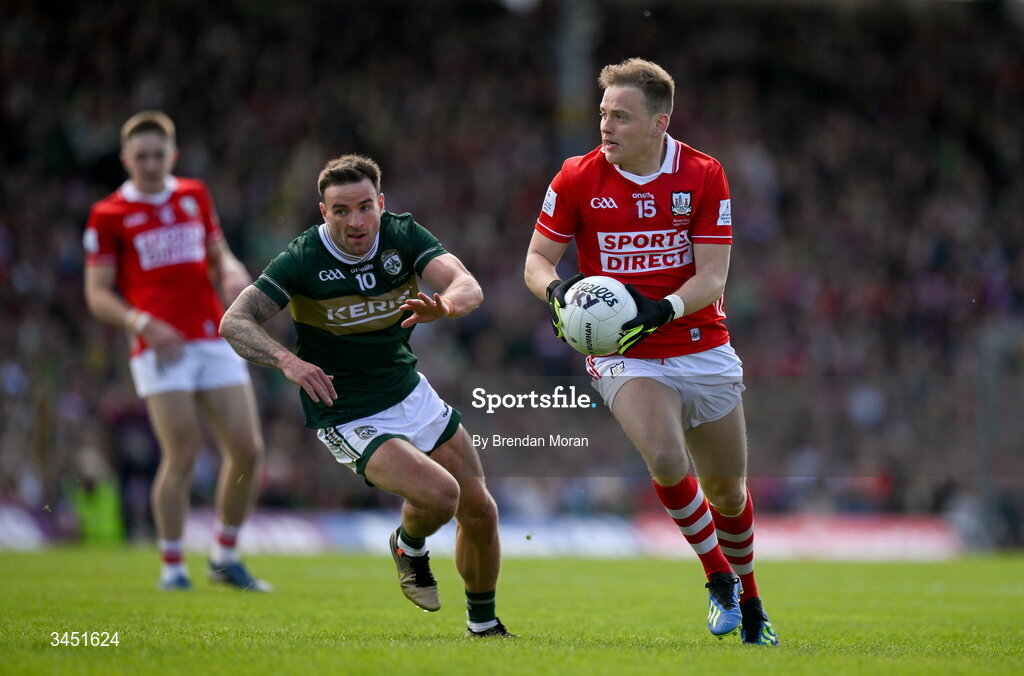 10 May 2026; Steven Sherlock of Cork in action against Micheál Burns of Kerry during the Munster GAA Football Senior Championship final match between Kerry and Cork at Fitzgerald Stadium in Killarney, Kerry. Photo by Brendan Moran/Sportsfile