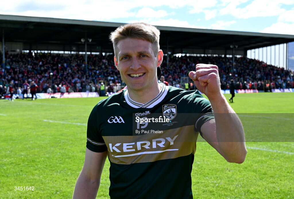 10 May 2026; Killian Spillane of Kerry celebrates at full-time after the Munster GAA Football Senior Championship final match between Kerry and Cork at Fitzgerald Stadium in Killarney, Kerry. Photo by Paul Phelan/Sportsfile
