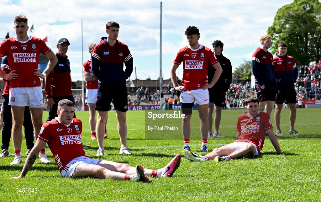 10 May 2026; Cork players react after the Munster GAA Football Senior Championship final match between Kerry and Cork at Fitzgerald Stadium in Killarney, Kerry. Photo by Paul Phelan/Sportsfile
