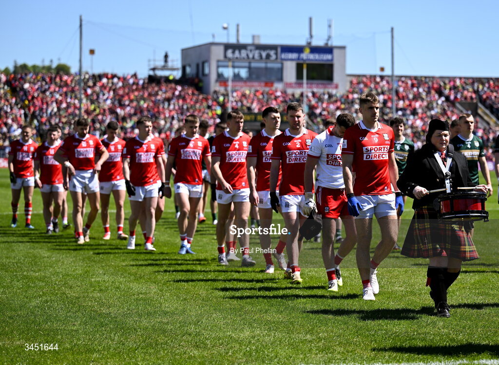 10 May 2026; Cork captain Ian Maguire leads his team in the pre-match parade during the Munster GAA Football Senior Championship final match between Kerry and Cork at Fitzgerald Stadium in Killarney, Kerry. Photo by Paul Phelan/Sportsfile