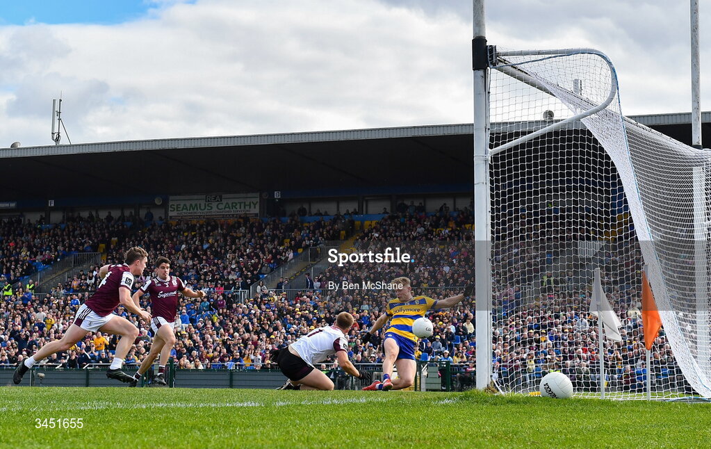 10 May 2026; Robert Heneghan of Roscommon scores his side's first goal past Galway goalkeeper Conor Flaherty during the Connacht GAA Football Senior Championship final match between Roscommon and Galway at King & Moffatt Dr Hyde Park in Roscommon. Photo by Ben McShane/Sportsfile