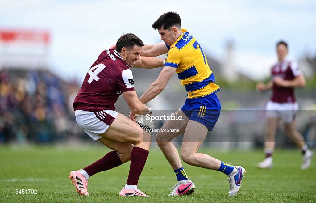 10 May 2026; Shane Walsh of Galway is tackled by Senan Lambe of Roscommon during the Connacht GAA Football Senior Championship final match between Roscommon and Galway at King & Moffatt Dr Hyde Park in Roscommon. Photo by Ben McShane/Sportsfile