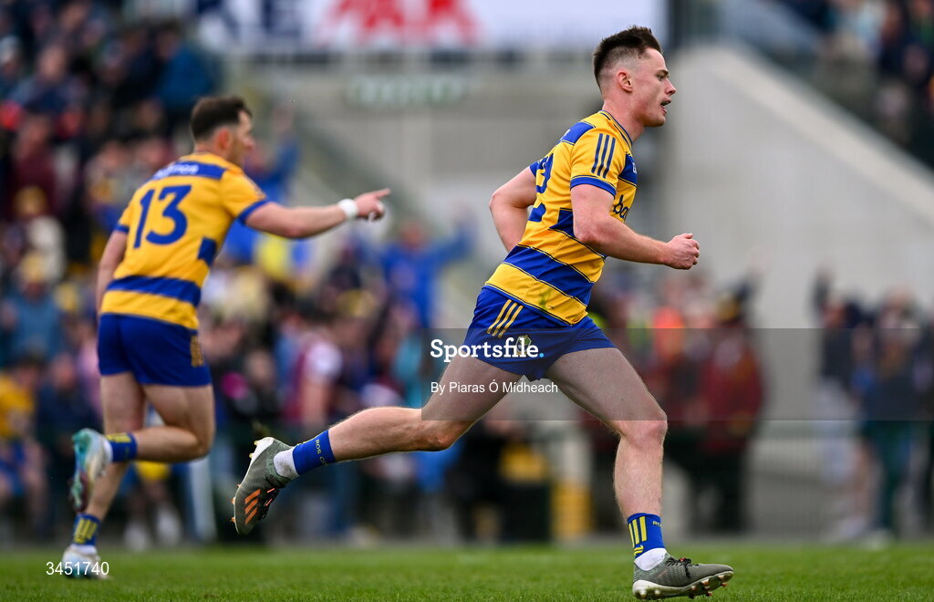 10 May 2026; Darragh Heneghan of Roscommon after scoring his side's third goal during the Connacht GAA Football Senior Championship final match between Roscommon and Galway at King & Moffatt Dr Hyde Park in Roscommon. Photo by Piaras Ó Mídheach/Sportsfile
