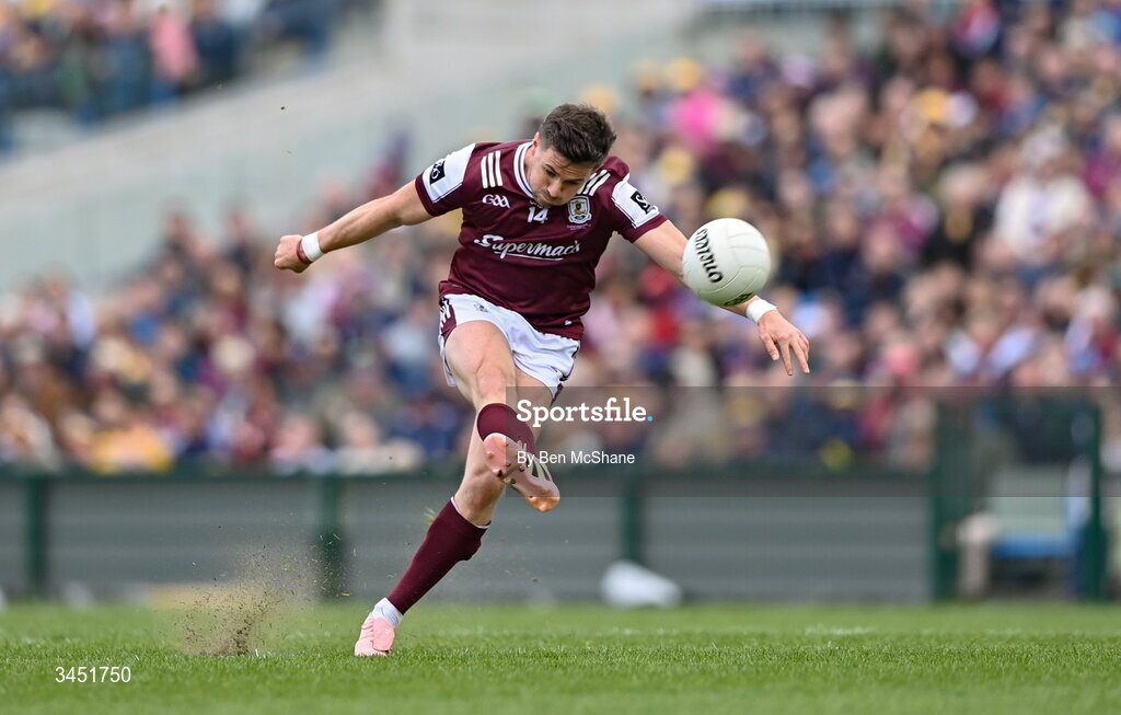 10 May 2026; Shane Walsh of Galway kicks a two-point score from a free during the Connacht GAA Football Senior Championship final match between Roscommon and Galway at King & Moffatt Dr Hyde Park in Roscommon. Photo by Ben McShane/Sportsfile