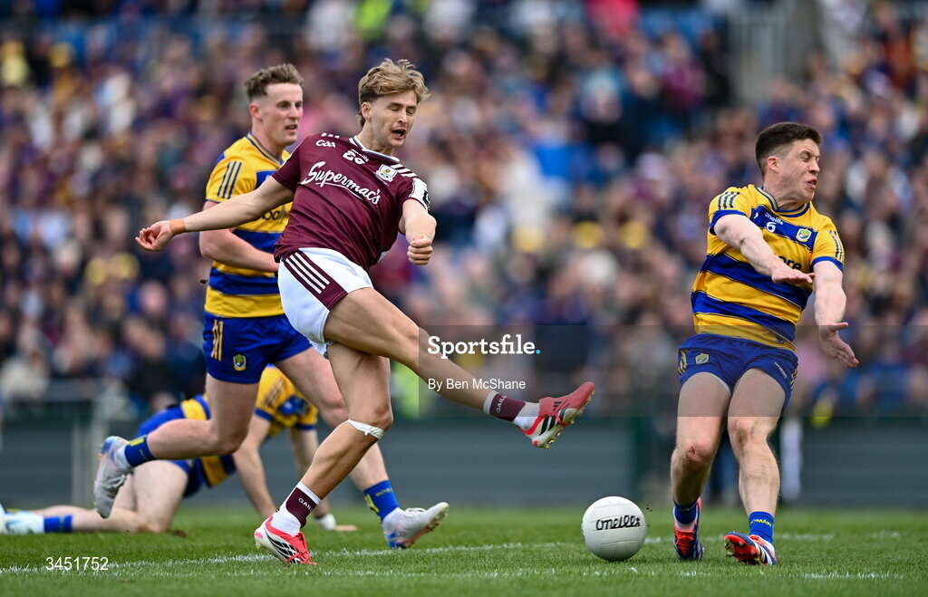 10 May 2026; Cian Hernon of Galway has a shot on goal blocked by Ronan Daly of Roscommon during the Connacht GAA Football Senior Championship final match between Roscommon and Galway at King & Moffatt Dr Hyde Park in Roscommon. Photo by Ben McShane/Sportsfile