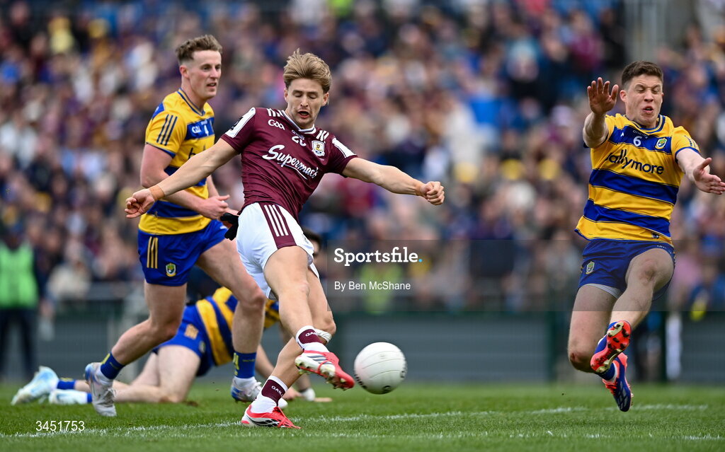 10 May 2026; Cian Hernon of Galway has a shot on goal blocked by Ronan Daly of Roscommon during the Connacht GAA Football Senior Championship final match between Roscommon and Galway at King & Moffatt Dr Hyde Park in Roscommon. Photo by Ben McShane/Sportsfile
