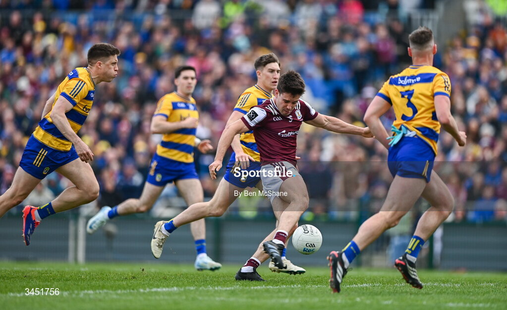 10 May 2026; Seán Kelly of Galway has a shot on goal during the Connacht GAA Football Senior Championship final match between Roscommon and Galway at King & Moffatt Dr Hyde Park in Roscommon. Photo by Ben McShane/Sportsfile