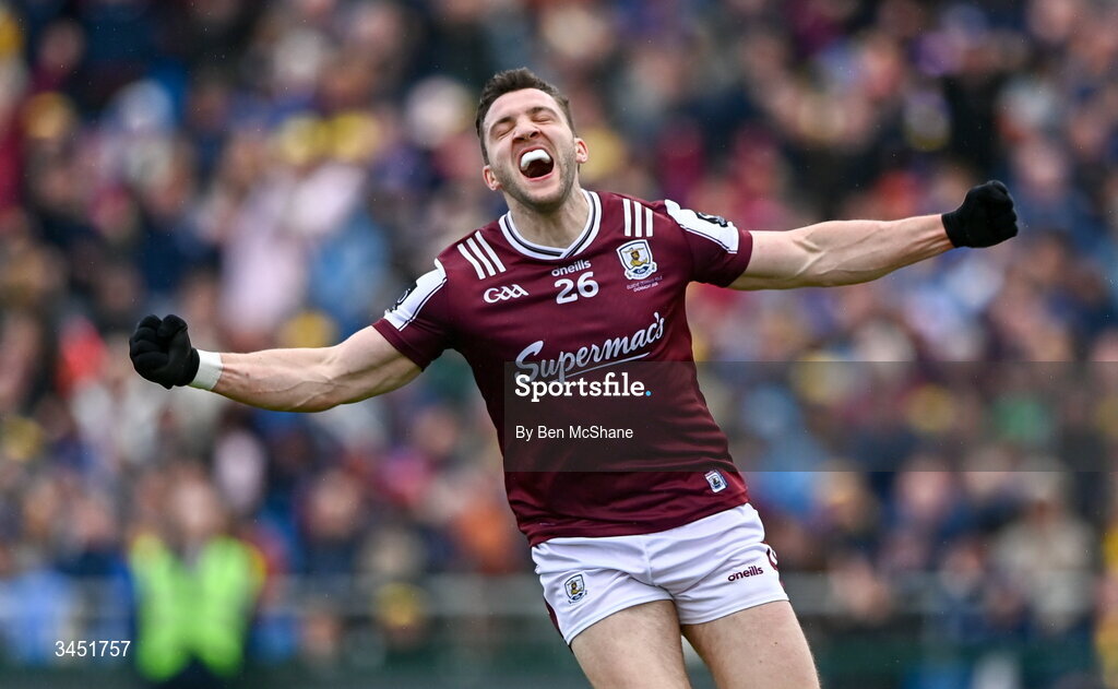 10 May 2026; Damien Comer of Galway celebrates after scoring his side's second goal during the Connacht GAA Football Senior Championship final match between Roscommon and Galway at King & Moffatt Dr Hyde Park in Roscommon. Photo by Ben McShane/Sportsfile
