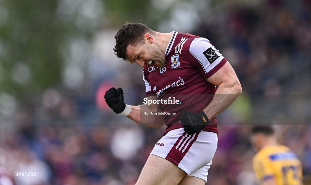 10 May 2026; Damien Comer of Galway celebrates after scoring his side's second goal during the Connacht GAA Football Senior Championship final match between Roscommon and Galway at King & Moffatt Dr Hyde Park in Roscommon. Photo by Ben McShane/Sportsfile
