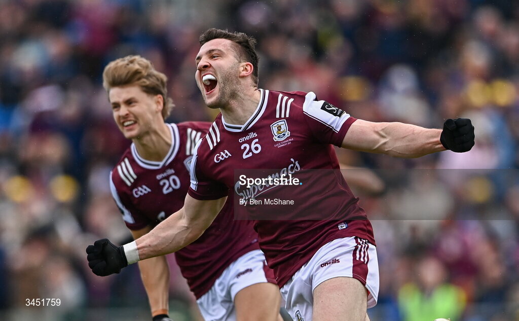 10 May 2026; Damien Comer of Galway celebrates after scoring his side's second goal during the Connacht GAA Football Senior Championship final match between Roscommon and Galway at King & Moffatt Dr Hyde Park in Roscommon. Photo by Ben McShane/Sportsfile