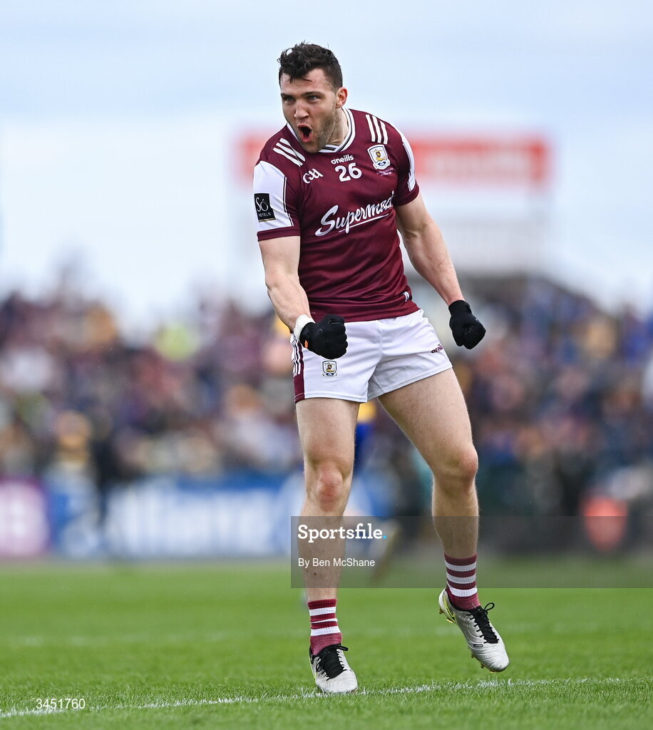 10 May 2026; Damien Comer of Galway celebrates after scoring his side's second goal during the Connacht GAA Football Senior Championship final match between Roscommon and Galway at King & Moffatt Dr Hyde Park in Roscommon. Photo by Ben McShane/Sportsfile