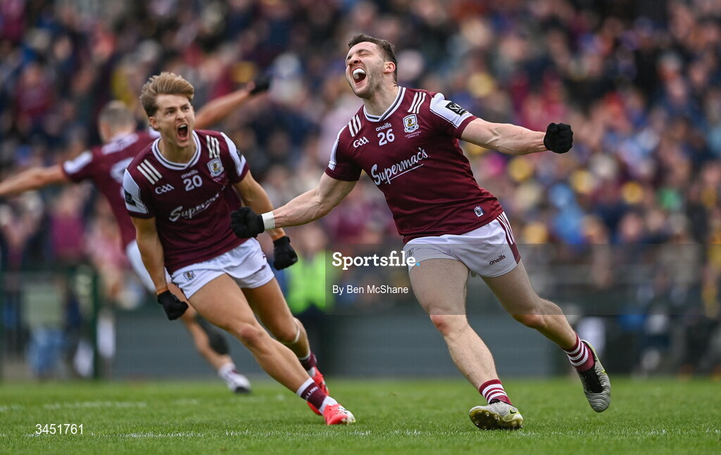 10 May 2026; Damien Comer of Galway celebrates after scoring his side's second goal during the Connacht GAA Football Senior Championship final match between Roscommon and Galway at King & Moffatt Dr Hyde Park in Roscommon. Photo by Ben McShane/Sportsfile