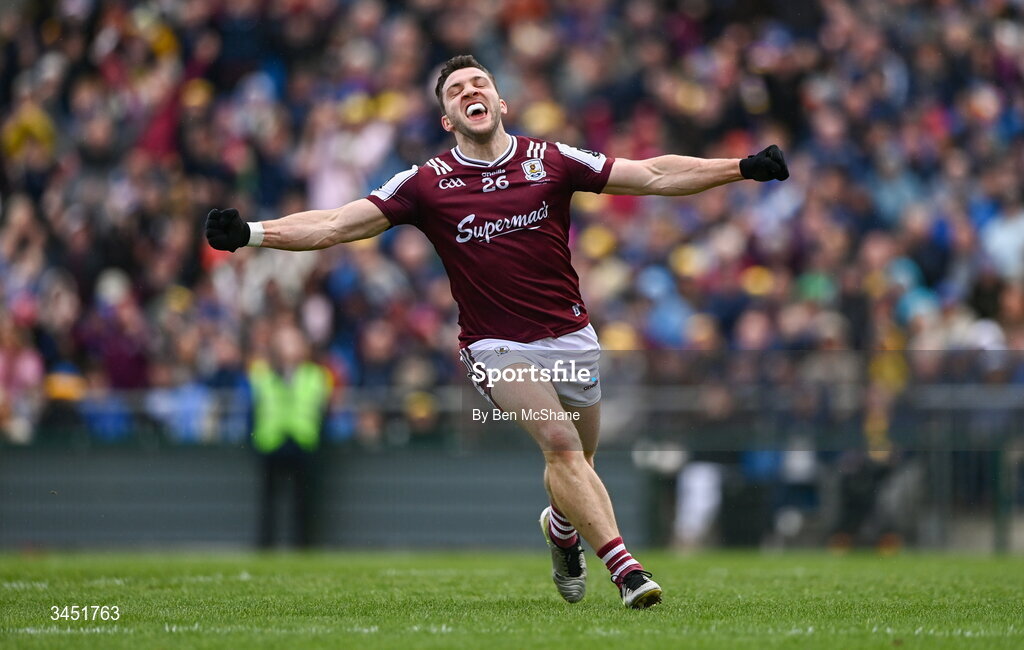 10 May 2026; Damien Comer of Galway celebrates after scoring his side's second goal during the Connacht GAA Football Senior Championship final match between Roscommon and Galway at King & Moffatt Dr Hyde Park in Roscommon. Photo by Ben McShane/Sportsfile