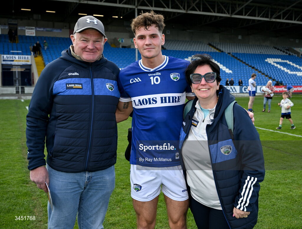 10 May 2026; Kevin Swayne of Laois with his mam Jenny and dad Terry after the Táilteann Cup round 1 match between Laois and Wicklow at Laois Hire O'Moore Park in Portlaoise, Laois. Photo by Ray McManus/Sportsfile