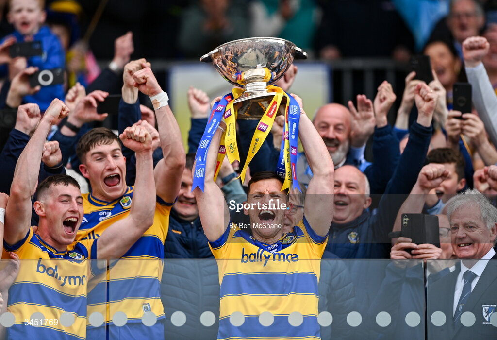 10 May 2026; Roscommon captain Diarmuid Murtagh lifts the Nestor Cup after victory in the Connacht GAA Football Senior Championship final match between Roscommon and Galway at King & Moffatt Dr Hyde Park in Roscommon.  Photo by Ben McShane/Sportsfile