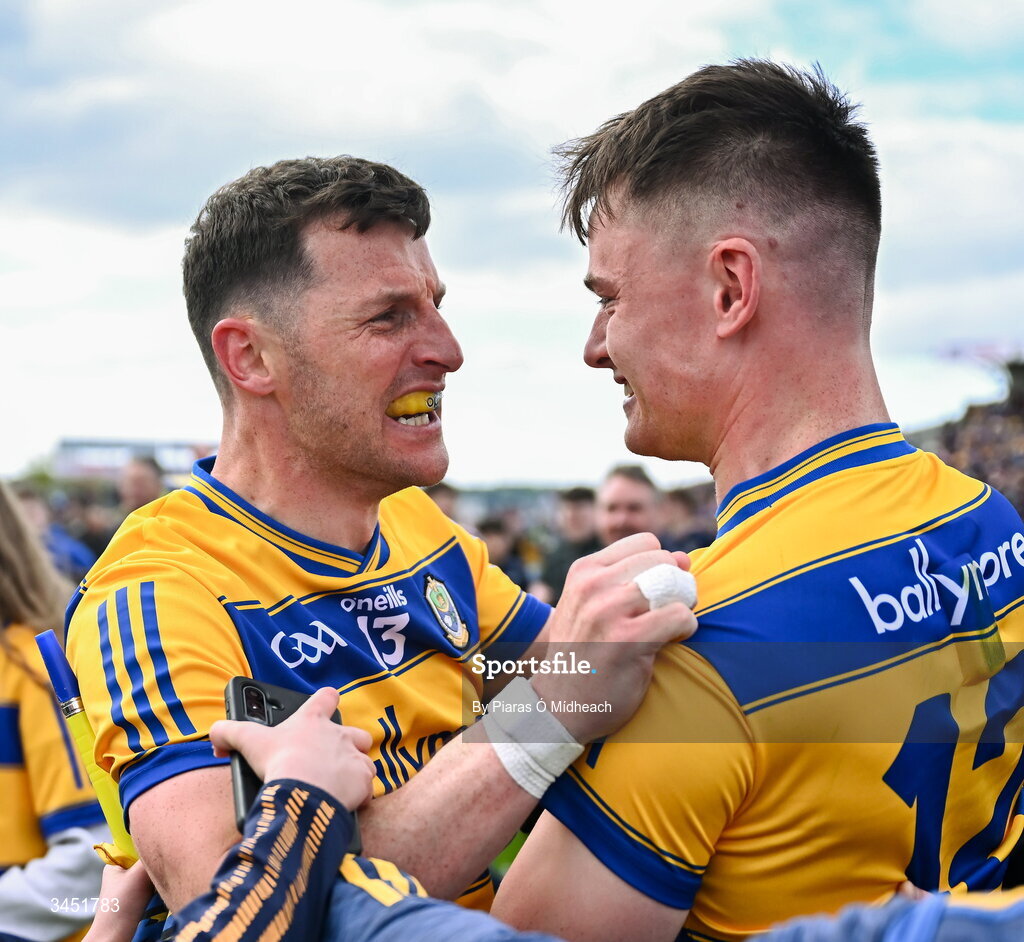 10 May 2026; Roscommon players Diarmuid Murtagh, left, and Darragh Heneghan celebrate after their side's victory in the Connacht GAA Football Senior Championship final match between Roscommon and Galway at King & Moffatt Dr Hyde Park in Roscommon. Photo by Piaras Ó Mídheach/Sportsfile